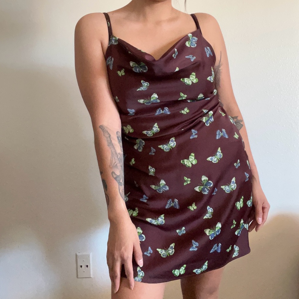 Urban Outfitters Brown Silk Slip Dress with Green Butterfly Pattern